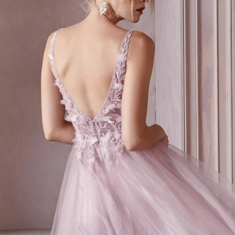 CHAMPAGNE PROM PARTY EVENING FORMAL LACE FLORAL A-LINE DRESS CD0181_3